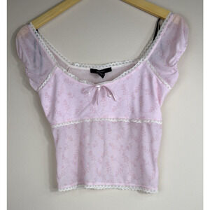 Forever 21 Sz Small Light‎ Pink Crop Top Floral Lace Trim Milkmaid